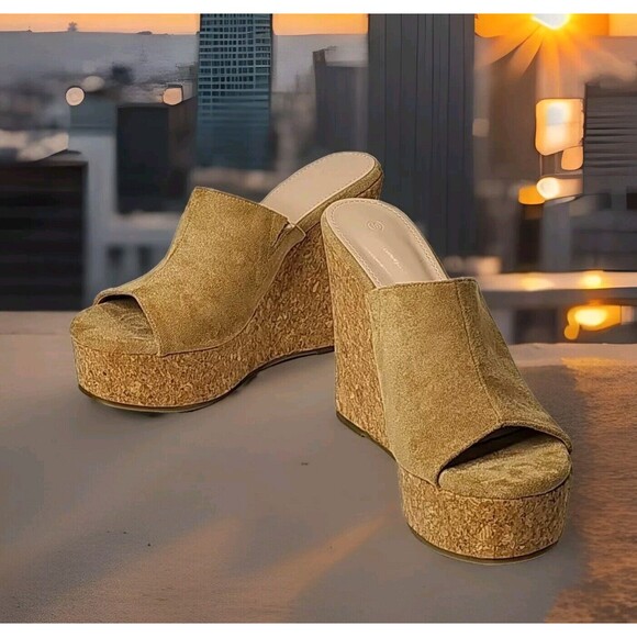 Unbranded Open Toe Beige Faux Suede 5.5" High Platform Cork Wedges Sandals Sz 10 - Picture 5 of 6